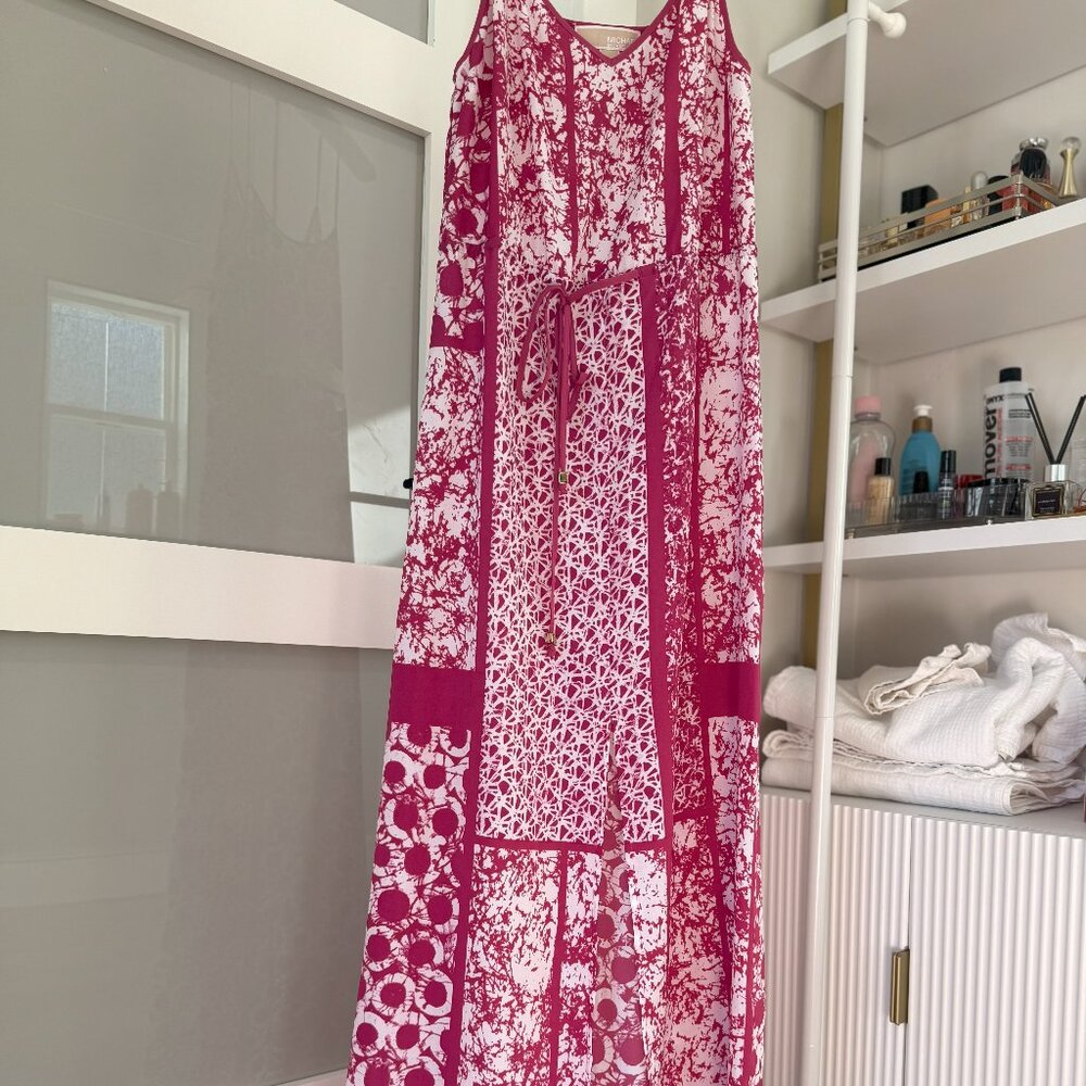 New Michael Kors Maxi Dress Hot Pink Print High Front Slit Spagetti Strap